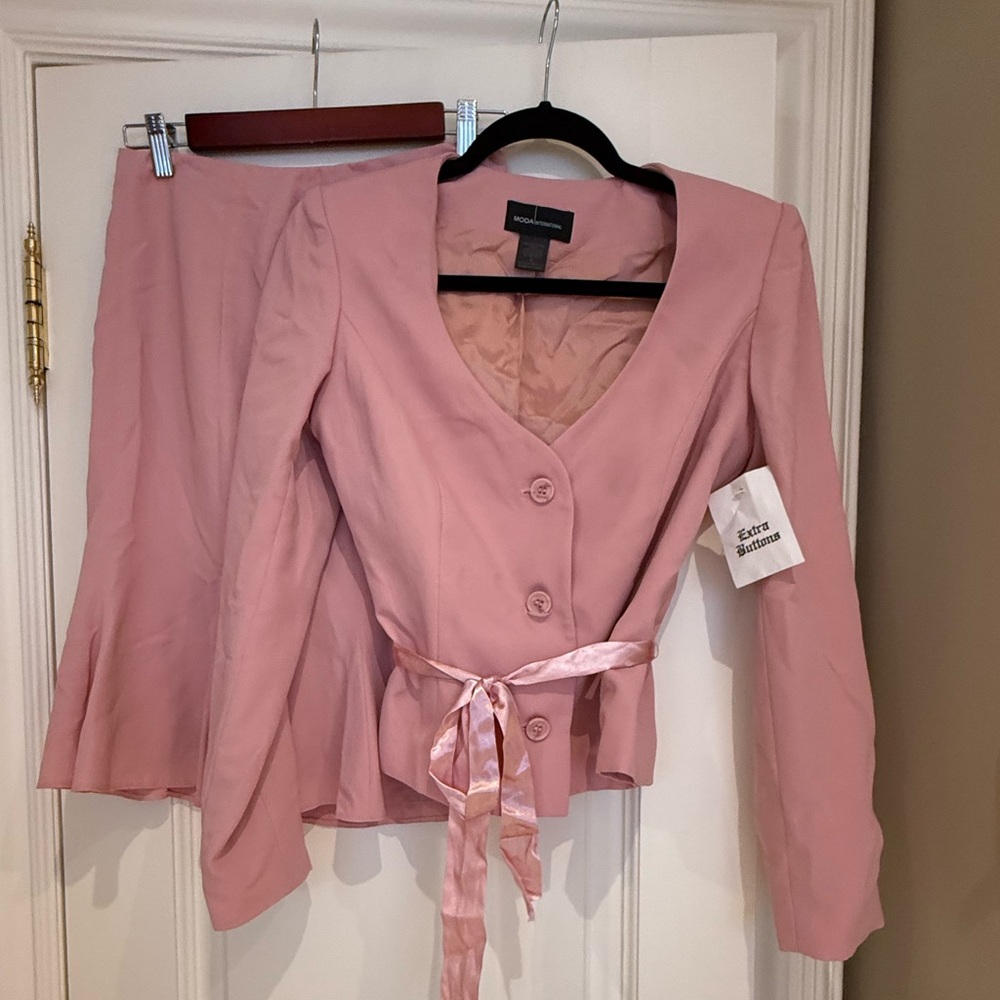 Moda International Pink Satin Blazer and Skirt Ensemble